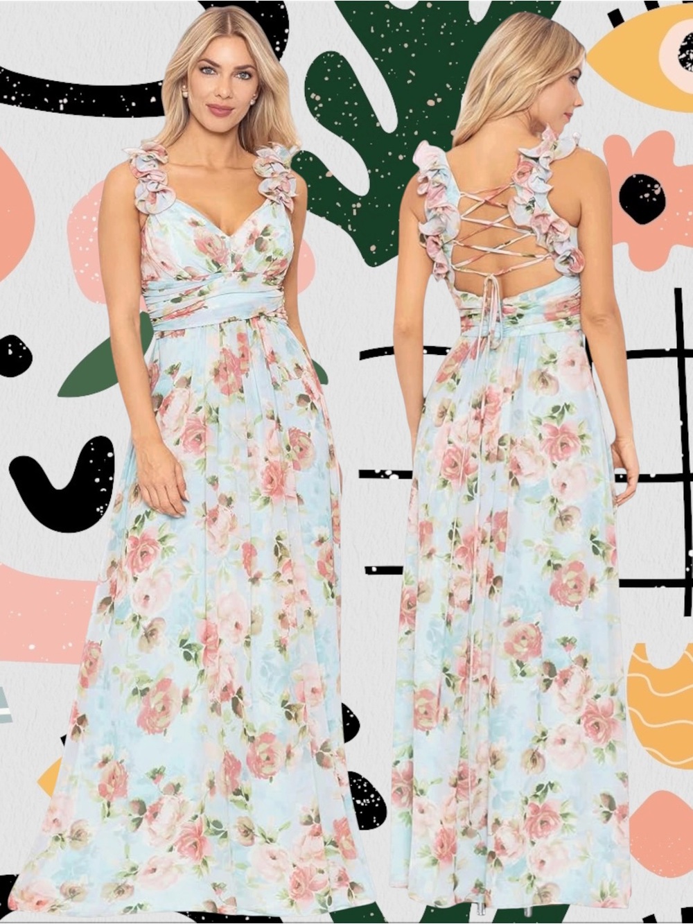 NWT✨ | Betsey & Adam | Blue Chiffon Floral Lace Up Back Maxi Formal Dress